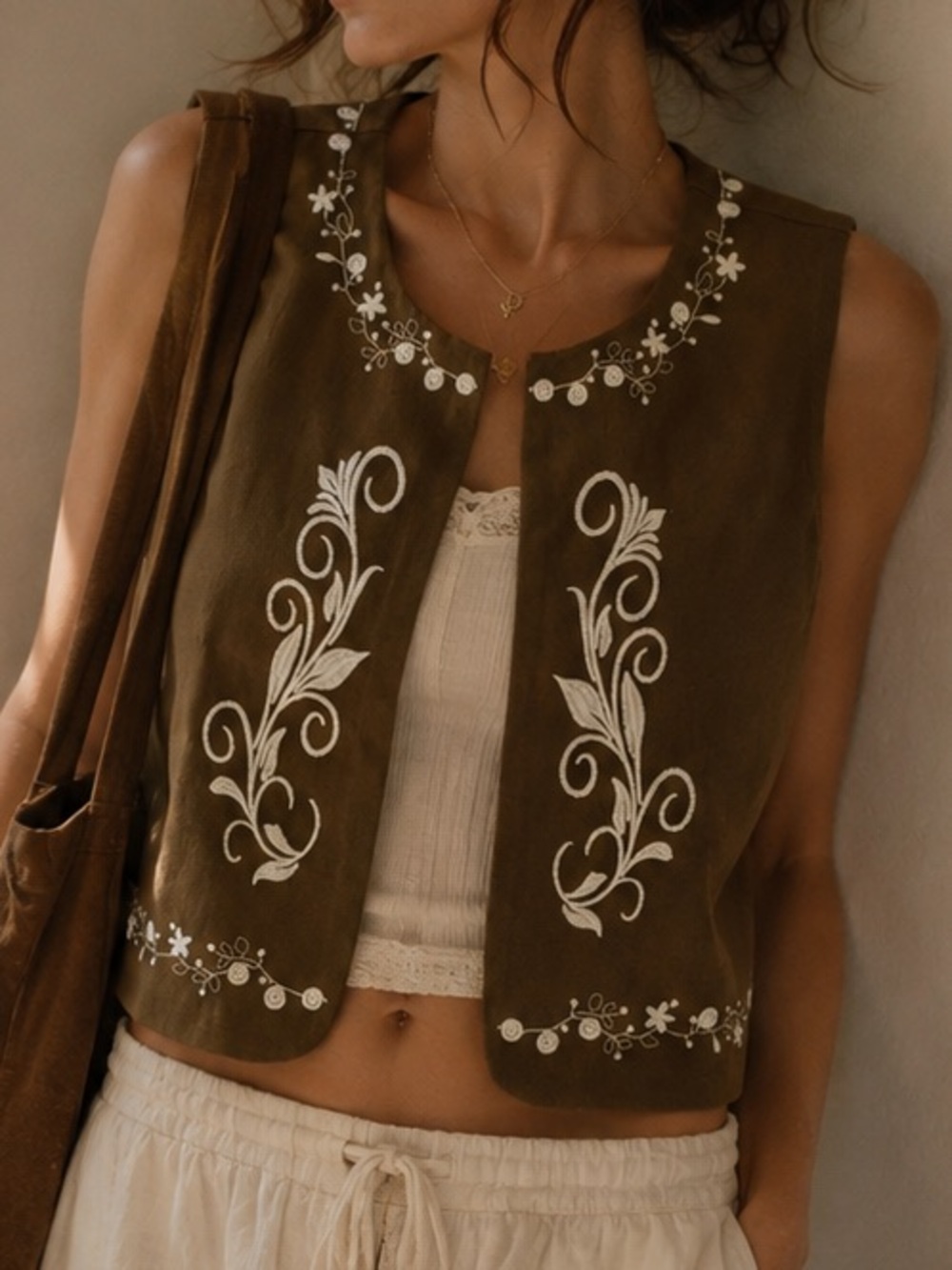 Line & Dot Brea Olive Sleeveless Embroidered Crop Top Vest Hippie Boho Indie